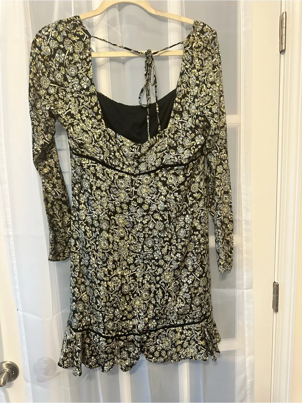 Free People Boheme Floral Mini Dress Square Neck Open Back Long Sleeve Size 10